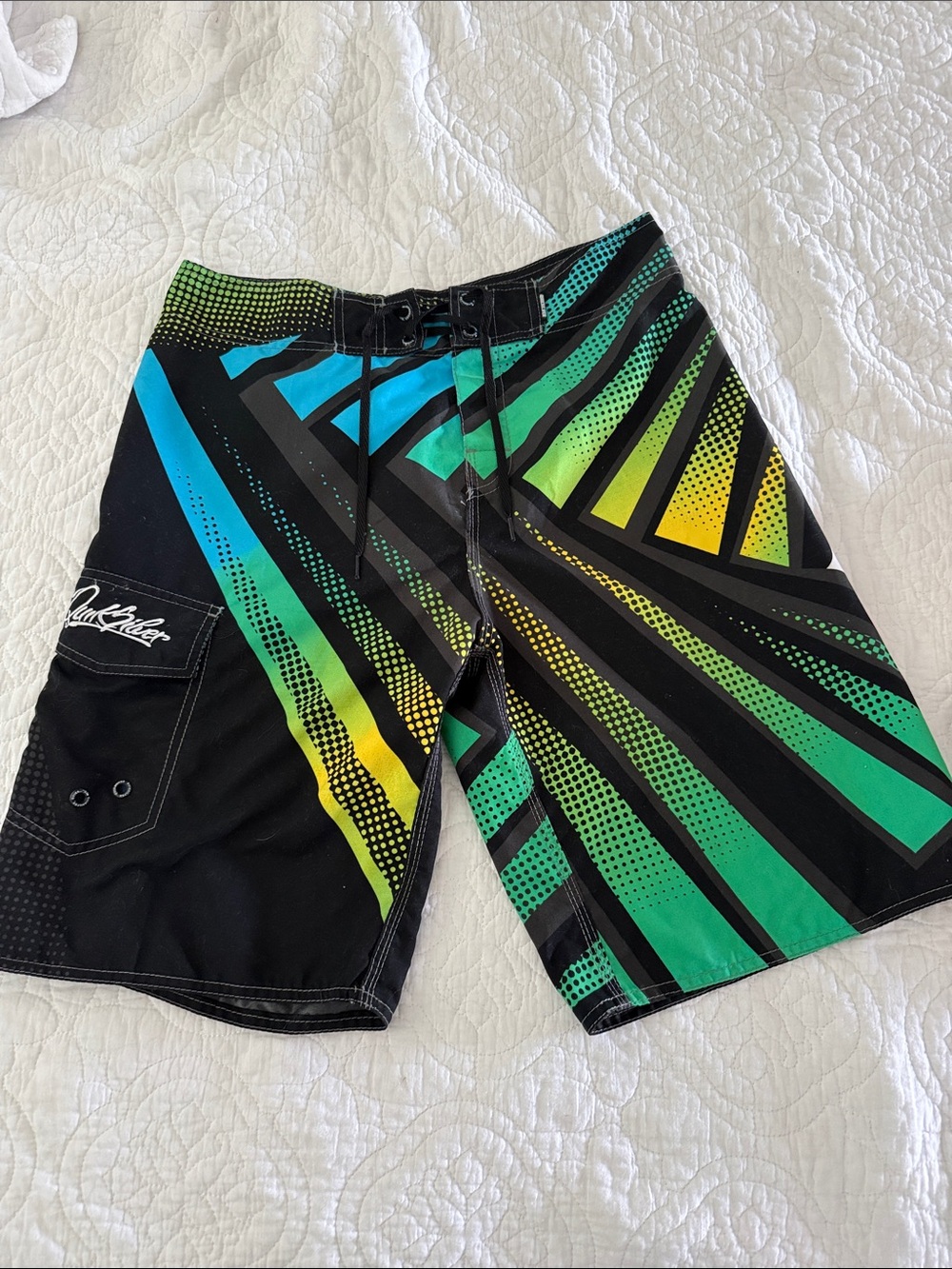 Quiksilver Black Boardshorts with Green, Blue & Yellow Geometric Print